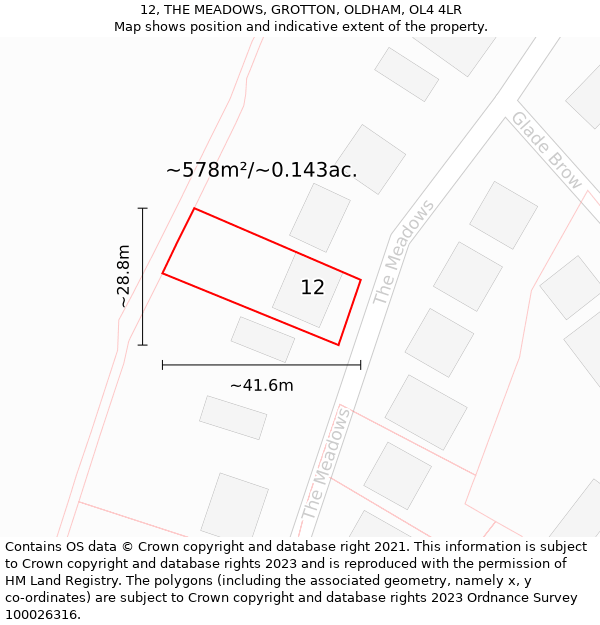 12, THE MEADOWS, GROTTON, OLDHAM, OL4 4LR: Plot and title map