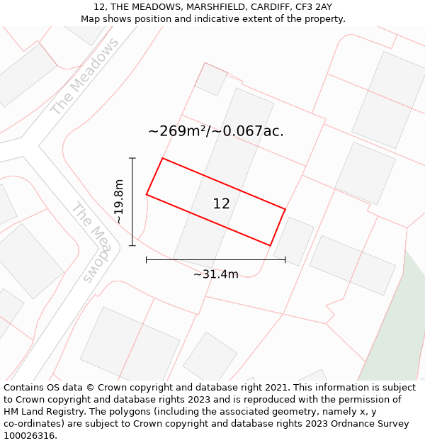 12, THE MEADOWS, MARSHFIELD, CARDIFF, CF3 2AY: Plot and title map