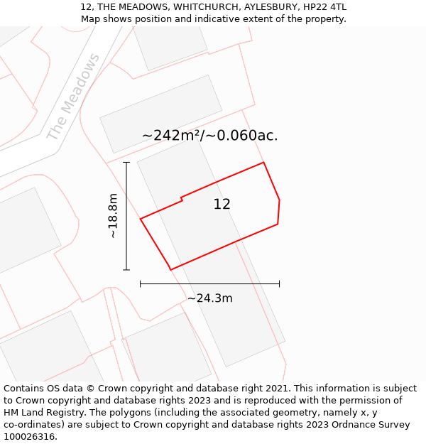 12, THE MEADOWS, WHITCHURCH, AYLESBURY, HP22 4TL: Plot and title map