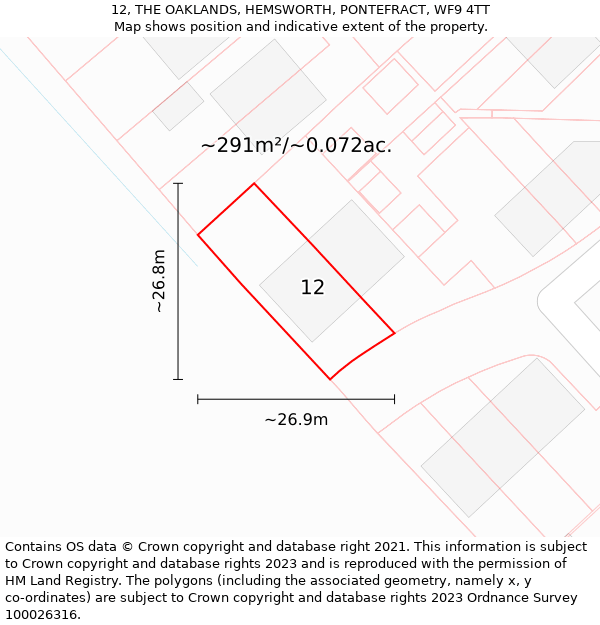 12, THE OAKLANDS, HEMSWORTH, PONTEFRACT, WF9 4TT: Plot and title map