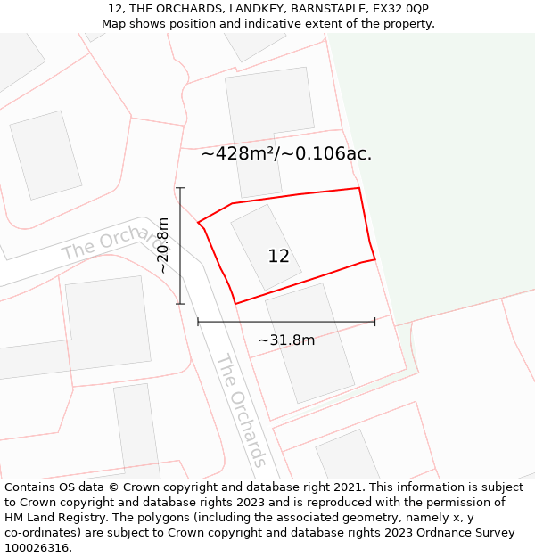 12, THE ORCHARDS, LANDKEY, BARNSTAPLE, EX32 0QP: Plot and title map