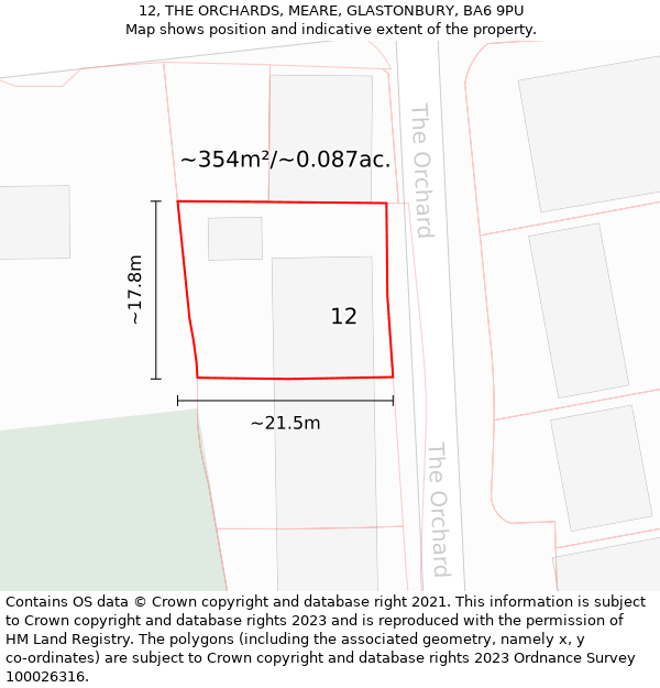 12, THE ORCHARDS, MEARE, GLASTONBURY, BA6 9PU: Plot and title map