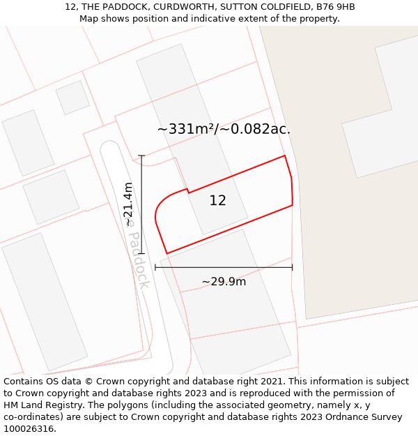 12, THE PADDOCK, CURDWORTH, SUTTON COLDFIELD, B76 9HB: Plot and title map