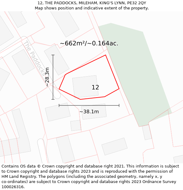 12, THE PADDOCKS, MILEHAM, KING'S LYNN, PE32 2QY: Plot and title map