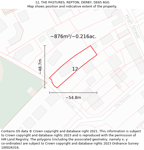 12, THE PASTURES, REPTON, DERBY, DE65 6GG: Plot and title map