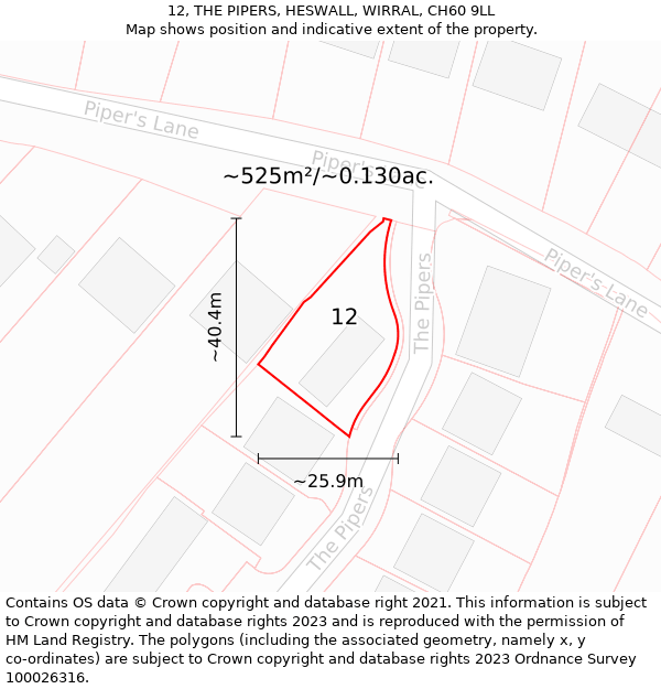 12, THE PIPERS, HESWALL, WIRRAL, CH60 9LL: Plot and title map