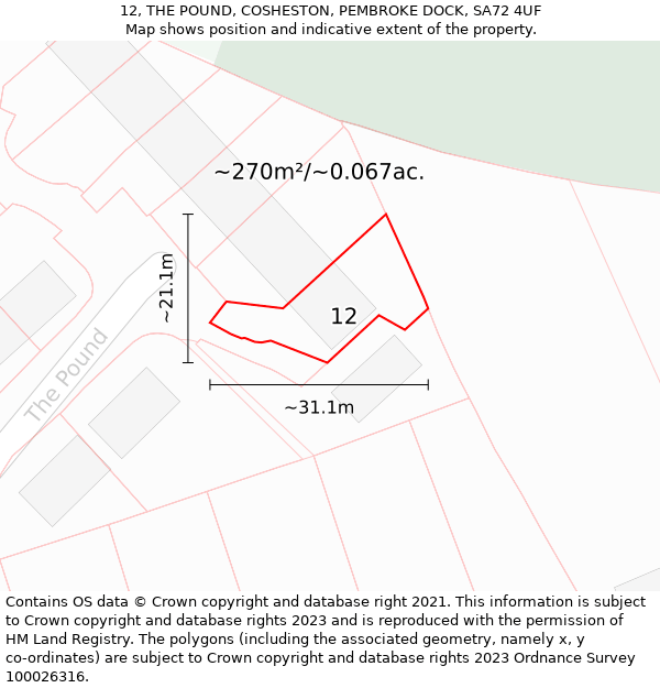 12, THE POUND, COSHESTON, PEMBROKE DOCK, SA72 4UF: Plot and title map