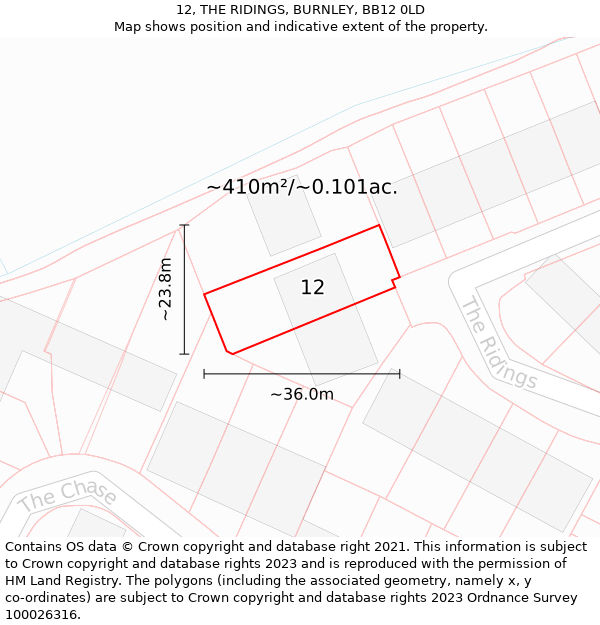 12, THE RIDINGS, BURNLEY, BB12 0LD: Plot and title map