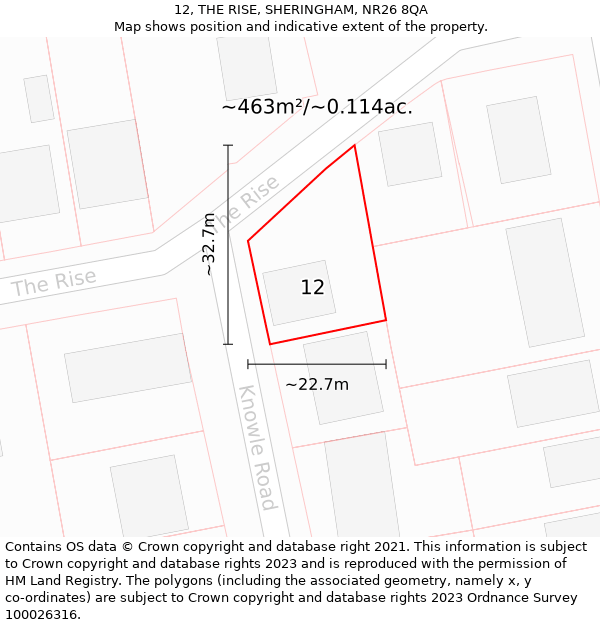 12, THE RISE, SHERINGHAM, NR26 8QA: Plot and title map