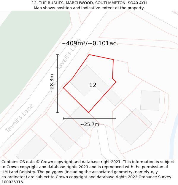 12, THE RUSHES, MARCHWOOD, SOUTHAMPTON, SO40 4YH: Plot and title map