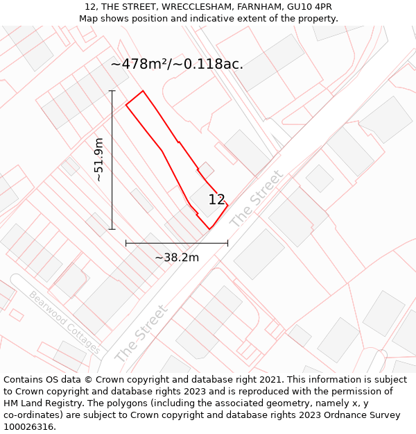 12, THE STREET, WRECCLESHAM, FARNHAM, GU10 4PR: Plot and title map