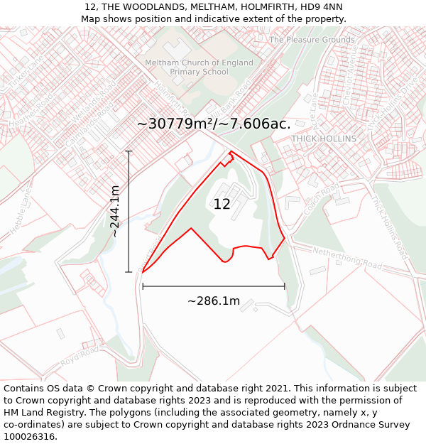 12, THE WOODLANDS, MELTHAM, HOLMFIRTH, HD9 4NN: Plot and title map