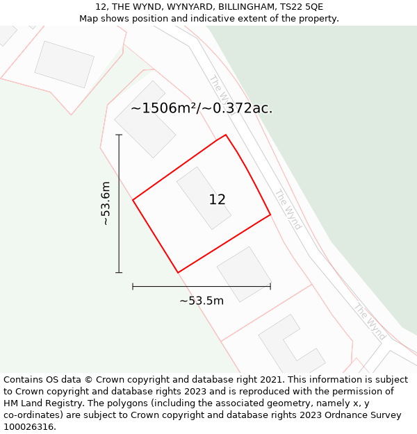 12, THE WYND, WYNYARD, BILLINGHAM, TS22 5QE: Plot and title map