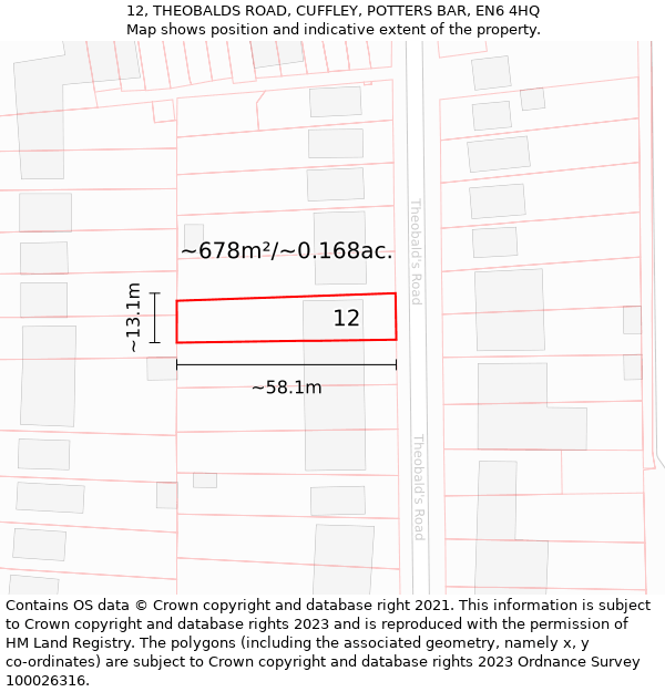 12, THEOBALDS ROAD, CUFFLEY, POTTERS BAR, EN6 4HQ: Plot and title map