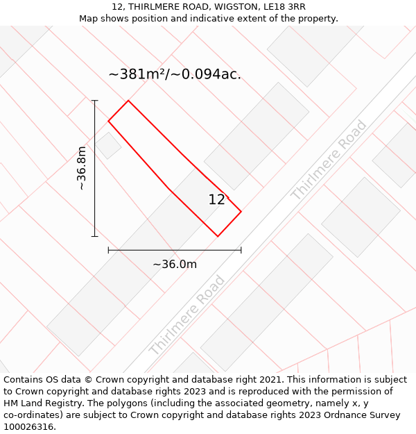 12, THIRLMERE ROAD, WIGSTON, LE18 3RR: Plot and title map