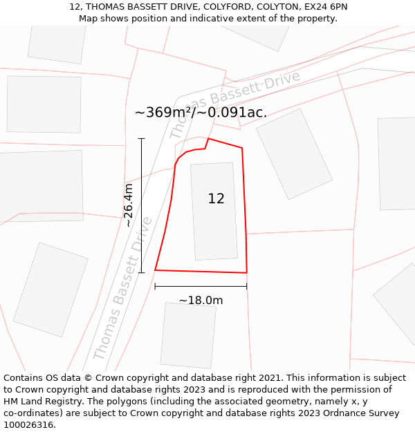 12, THOMAS BASSETT DRIVE, COLYFORD, COLYTON, EX24 6PN: Plot and title map