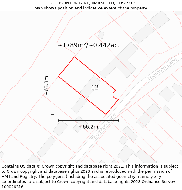 12, THORNTON LANE, MARKFIELD, LE67 9RP: Plot and title map