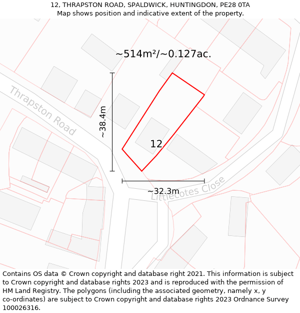 12, THRAPSTON ROAD, SPALDWICK, HUNTINGDON, PE28 0TA: Plot and title map