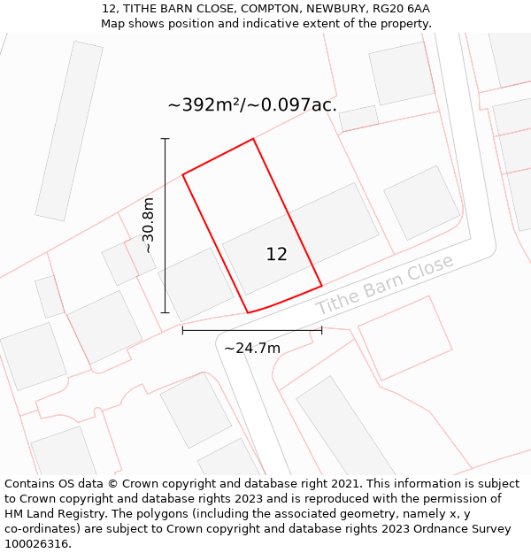 12, TITHE BARN CLOSE, COMPTON, NEWBURY, RG20 6AA: Plot and title map