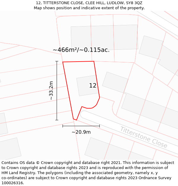 12, TITTERSTONE CLOSE, CLEE HILL, LUDLOW, SY8 3QZ: Plot and title map