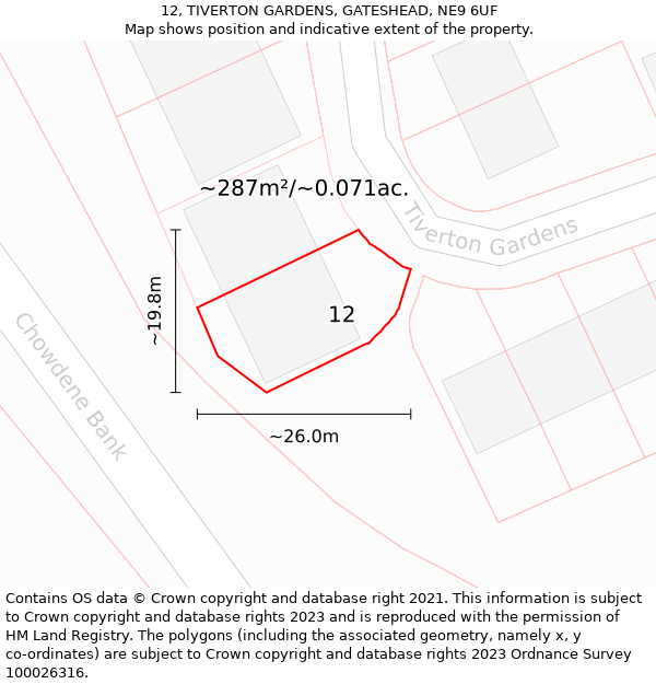 12, TIVERTON GARDENS, GATESHEAD, NE9 6UF: Plot and title map