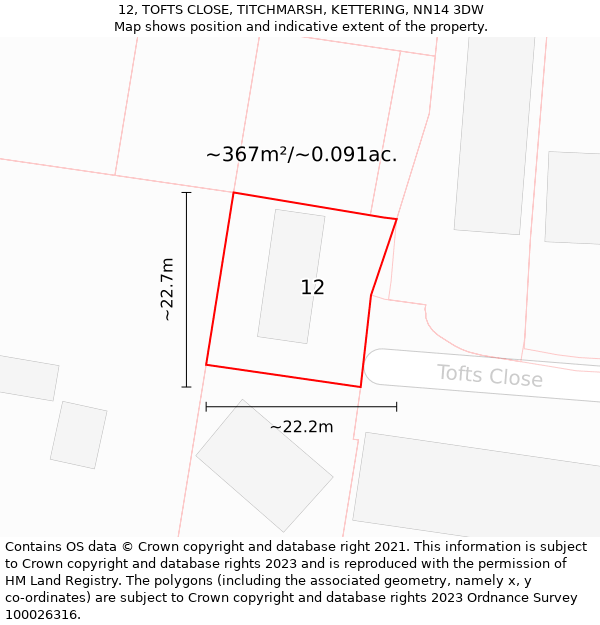 12, TOFTS CLOSE, TITCHMARSH, KETTERING, NN14 3DW: Plot and title map