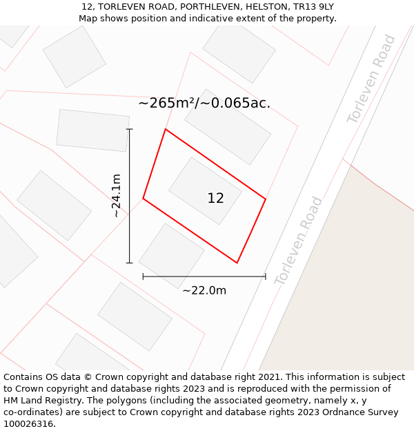 12, TORLEVEN ROAD, PORTHLEVEN, HELSTON, TR13 9LY: Plot and title map