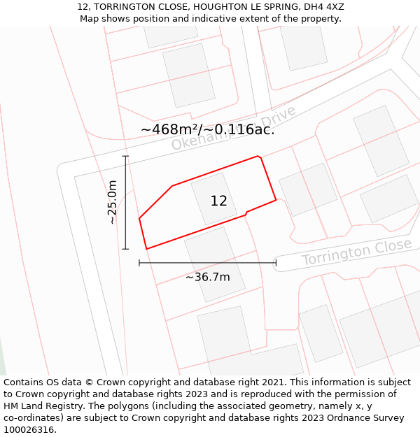 12, TORRINGTON CLOSE, HOUGHTON LE SPRING, DH4 4XZ: Plot and title map