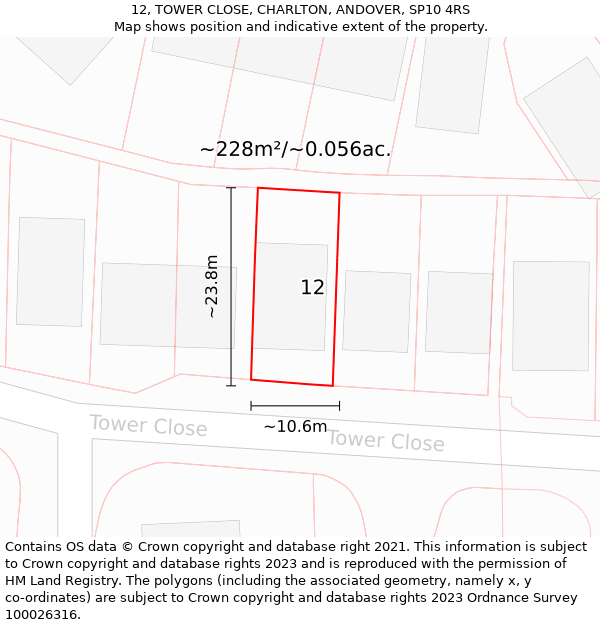 12, TOWER CLOSE, CHARLTON, ANDOVER, SP10 4RS: Plot and title map