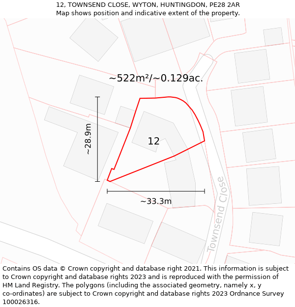 12, TOWNSEND CLOSE, WYTON, HUNTINGDON, PE28 2AR: Plot and title map