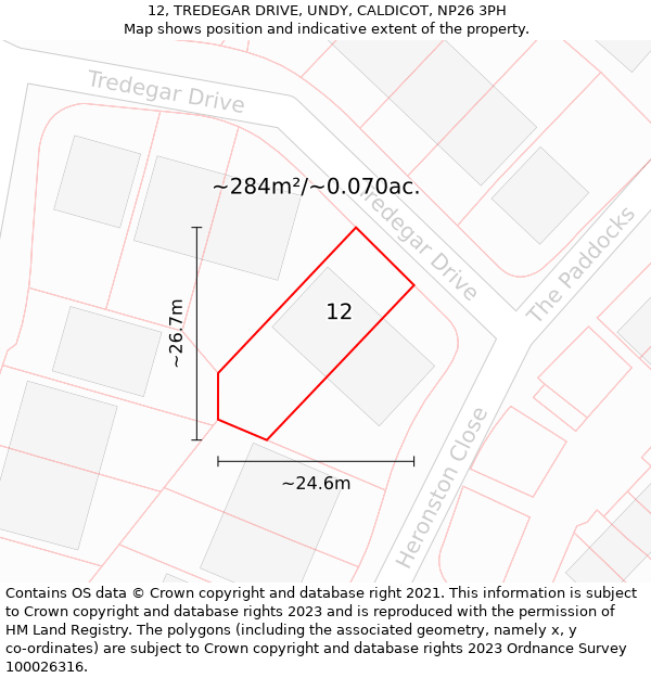 12, TREDEGAR DRIVE, UNDY, CALDICOT, NP26 3PH: Plot and title map