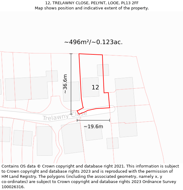 12, TRELAWNY CLOSE, PELYNT, LOOE, PL13 2FF: Plot and title map