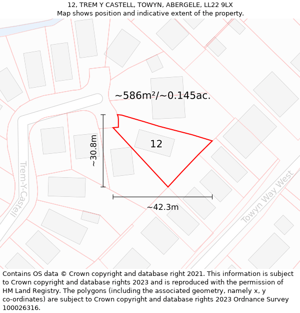 12, TREM Y CASTELL, TOWYN, ABERGELE, LL22 9LX: Plot and title map