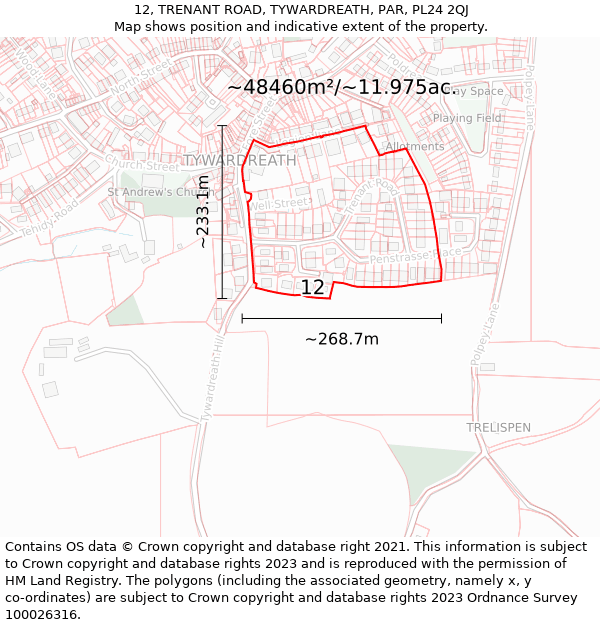 12, TRENANT ROAD, TYWARDREATH, PAR, PL24 2QJ: Plot and title map