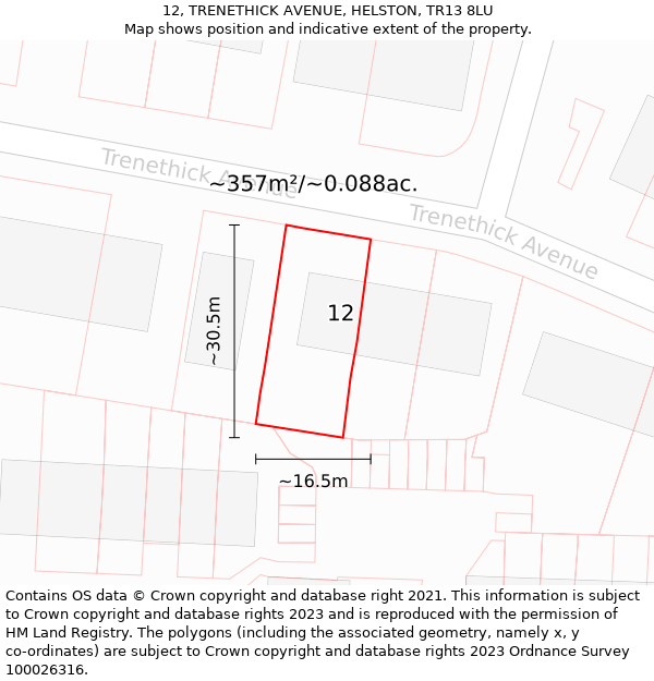 12, TRENETHICK AVENUE, HELSTON, TR13 8LU: Plot and title map