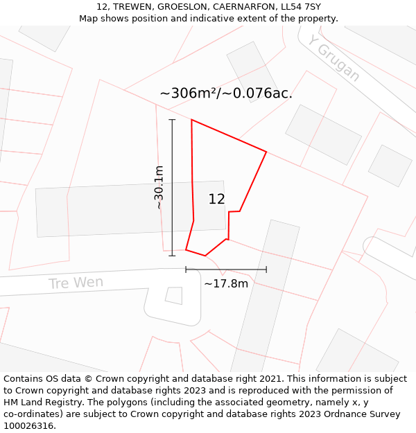 12, TREWEN, GROESLON, CAERNARFON, LL54 7SY: Plot and title map