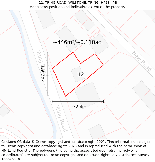 12, TRING ROAD, WILSTONE, TRING, HP23 4PB: Plot and title map