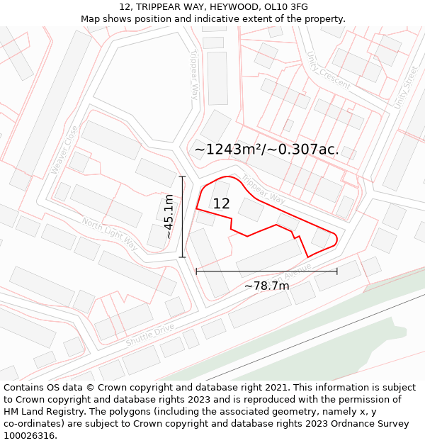 12, TRIPPEAR WAY, HEYWOOD, OL10 3FG: Plot and title map