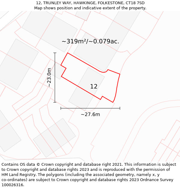 12, TRUNLEY WAY, HAWKINGE, FOLKESTONE, CT18 7SD: Plot and title map