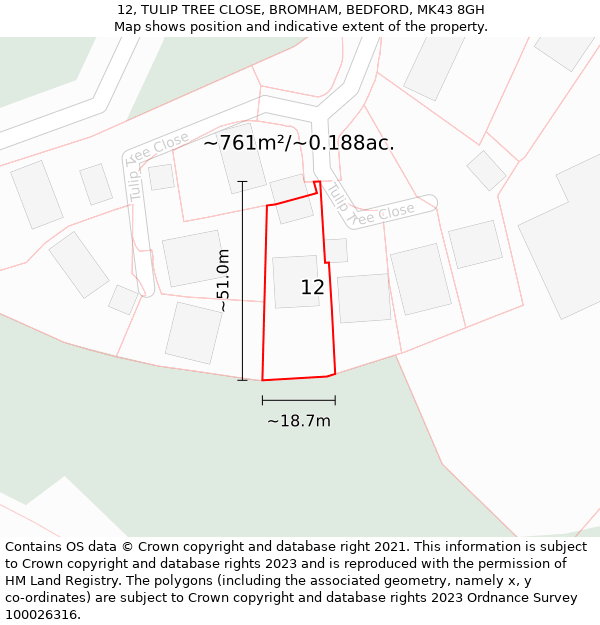 12, TULIP TREE CLOSE, BROMHAM, BEDFORD, MK43 8GH: Plot and title map