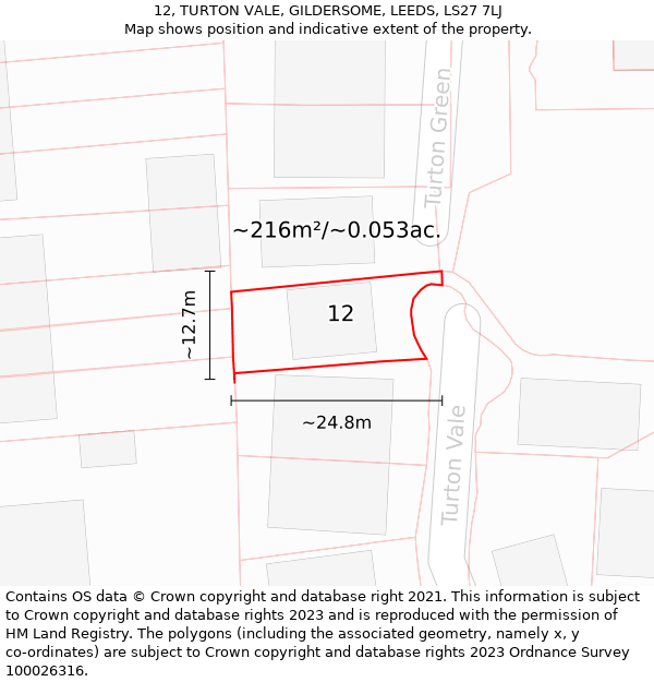 12, TURTON VALE, GILDERSOME, LEEDS, LS27 7LJ: Plot and title map
