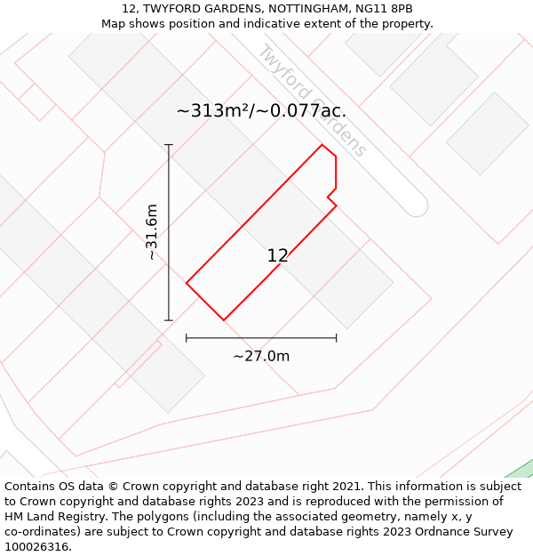 12, TWYFORD GARDENS, NOTTINGHAM, NG11 8PB: Plot and title map