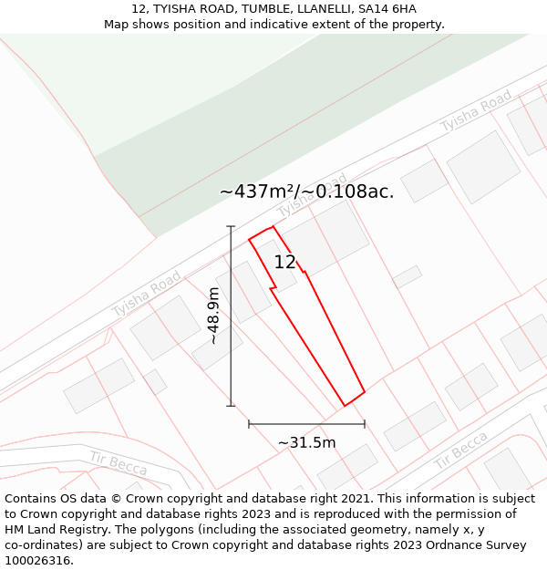 12, TYISHA ROAD, TUMBLE, LLANELLI, SA14 6HA: Plot and title map