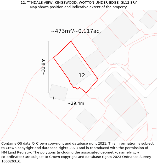 12, TYNDALE VIEW, KINGSWOOD, WOTTON-UNDER-EDGE, GL12 8RY: Plot and title map