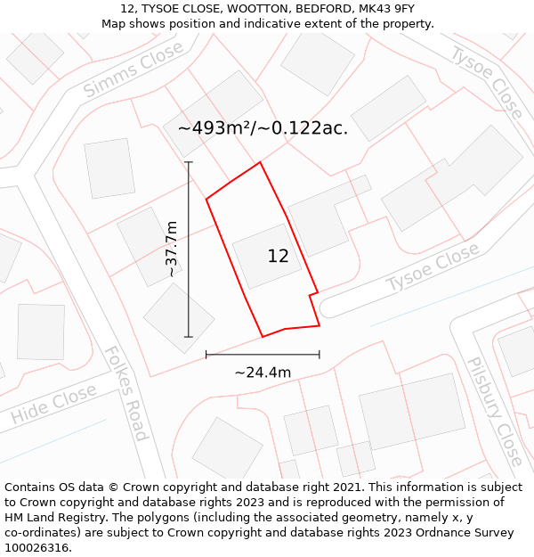 12, TYSOE CLOSE, WOOTTON, BEDFORD, MK43 9FY: Plot and title map