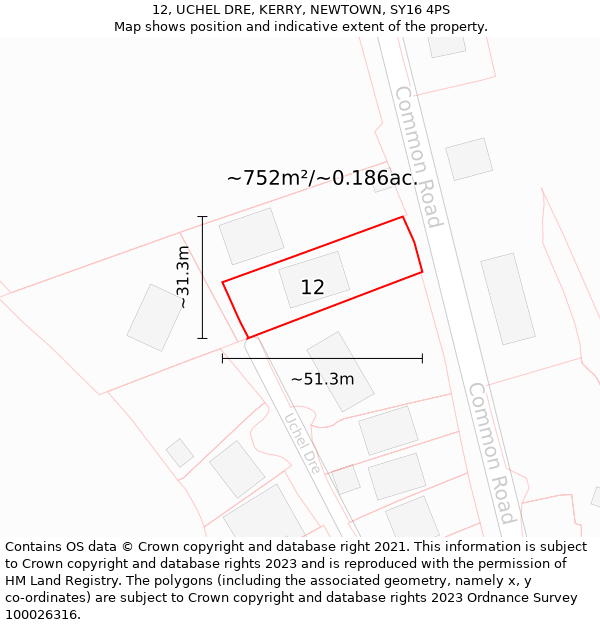 12, UCHEL DRE, KERRY, NEWTOWN, SY16 4PS: Plot and title map