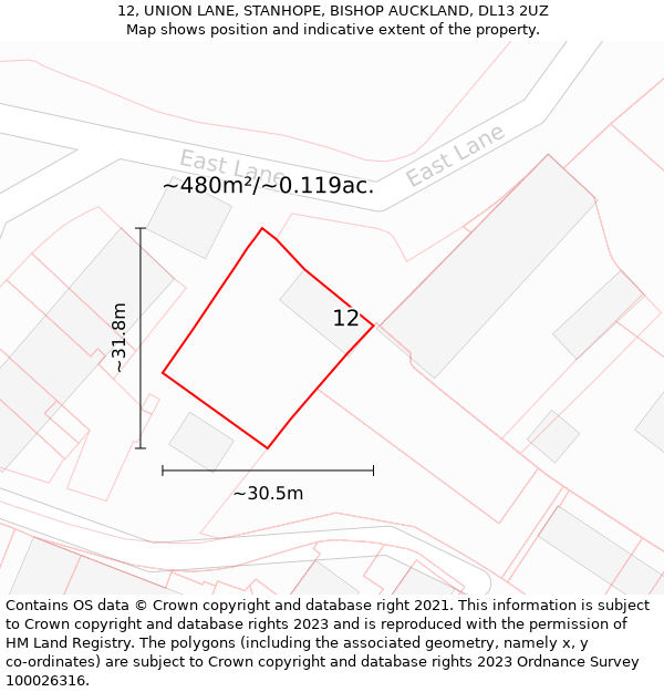 12, UNION LANE, STANHOPE, BISHOP AUCKLAND, DL13 2UZ: Plot and title map