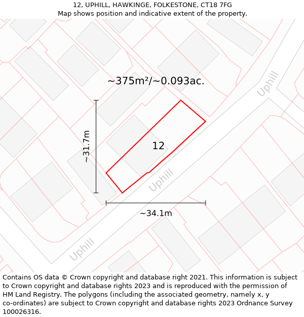 12, UPHILL, HAWKINGE, FOLKESTONE, CT18 7FG: Plot and title map