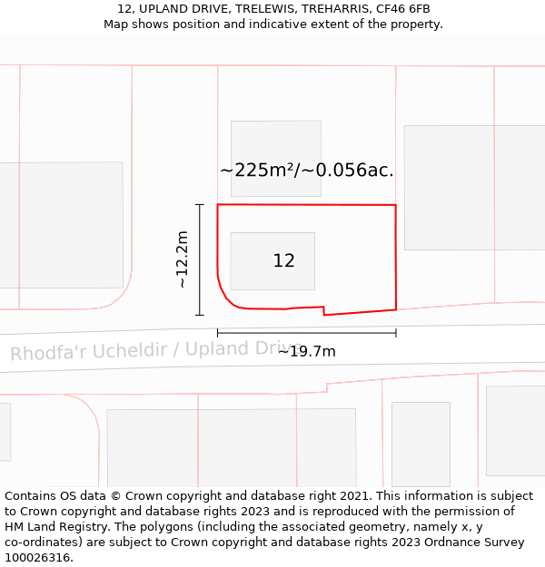 12, UPLAND DRIVE, TRELEWIS, TREHARRIS, CF46 6FB: Plot and title map