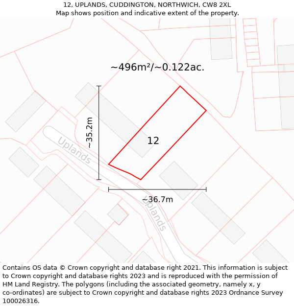 12, UPLANDS, CUDDINGTON, NORTHWICH, CW8 2XL: Plot and title map